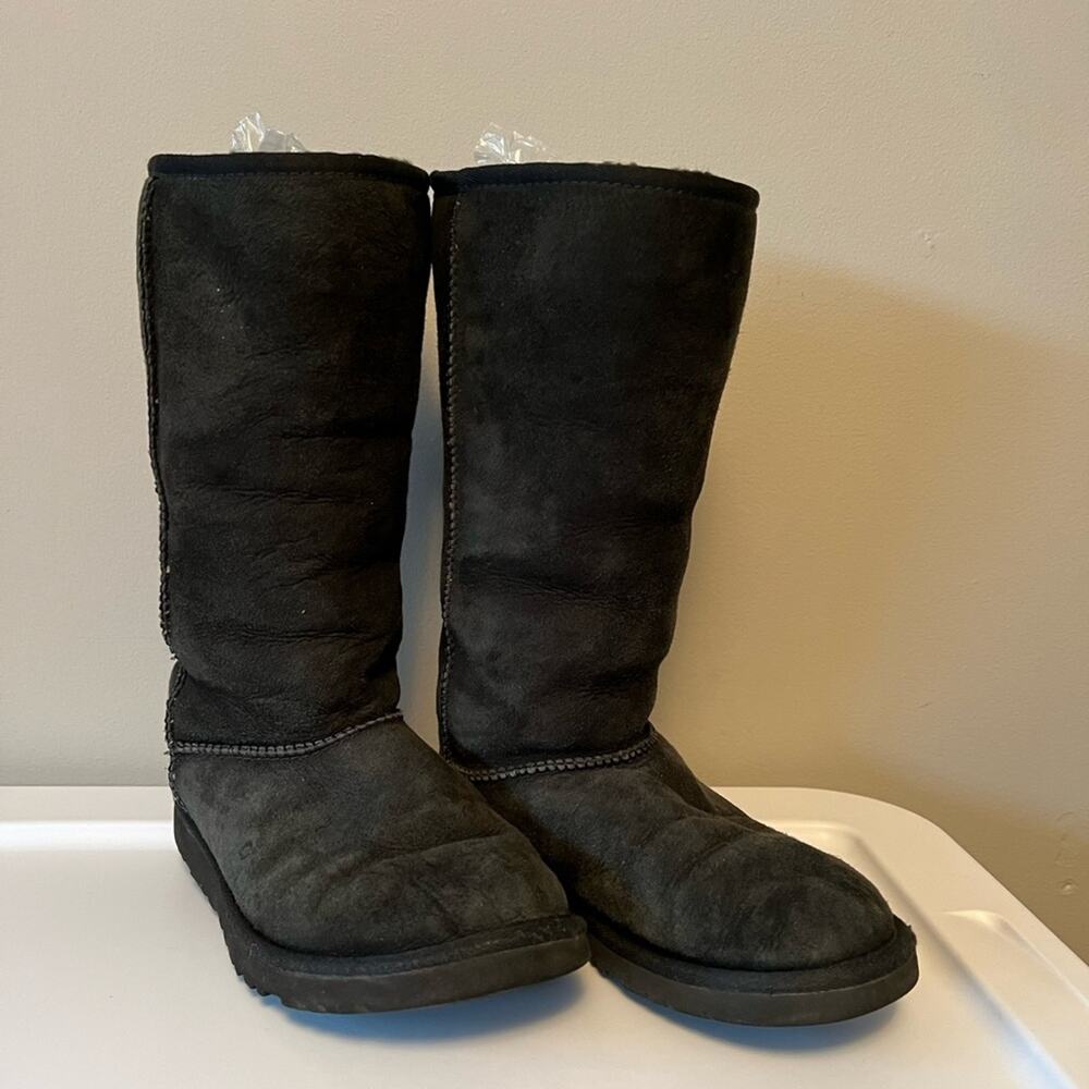 Ugg suede shearling tall winter fold over boots womens 6 or kids 4 black